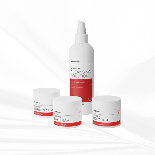 Zestaw Acnerose - Kompleksowa pielęgnacja skóry trądzikowej – Maść na rano, Krem na dzień, Pasta na noc oraz Płyn oczyszczający